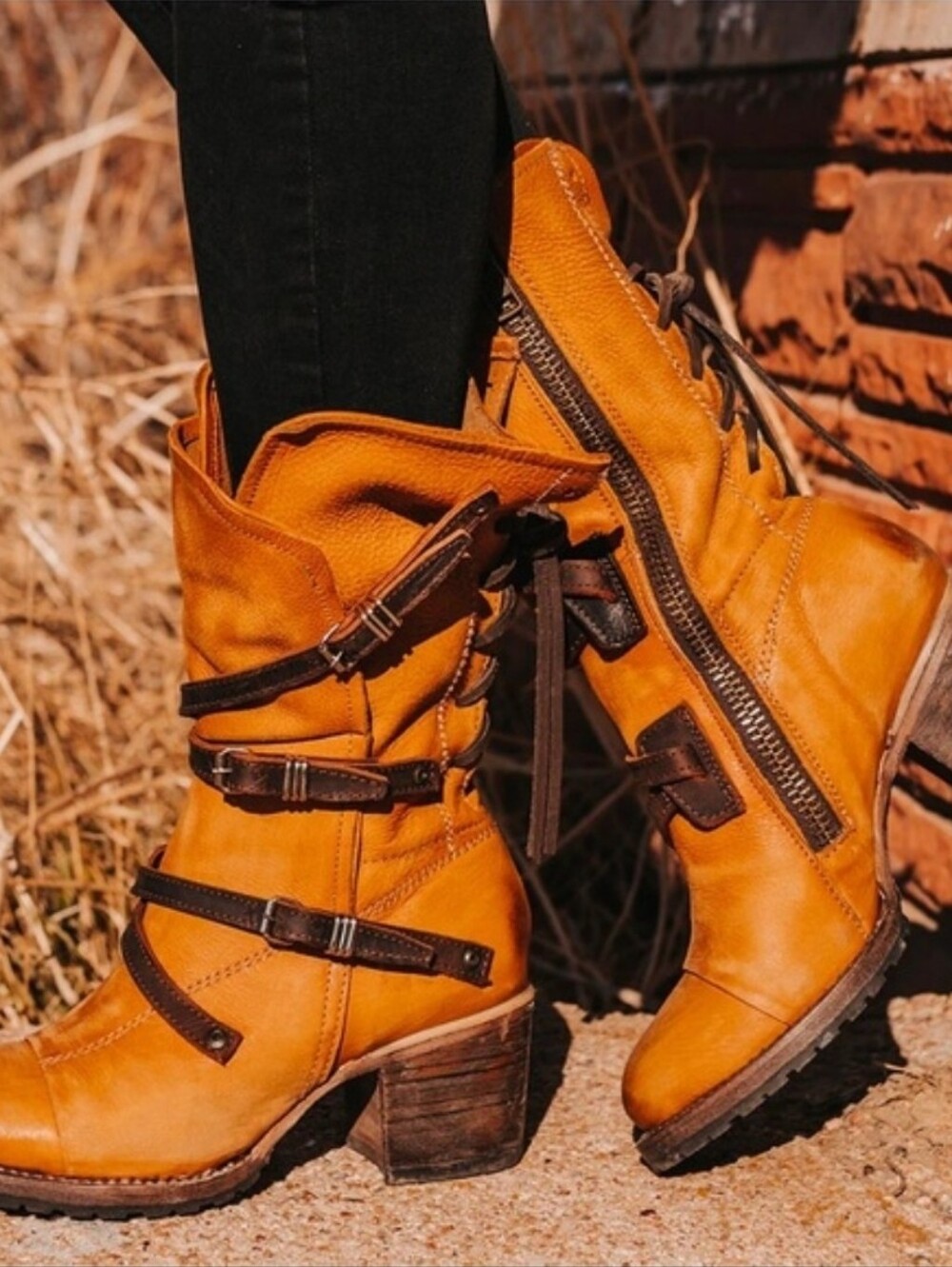 Freebird Cora Tan Leather Buckle Boots - Brown Strap Detail Size 8 - Picture 14 of 15